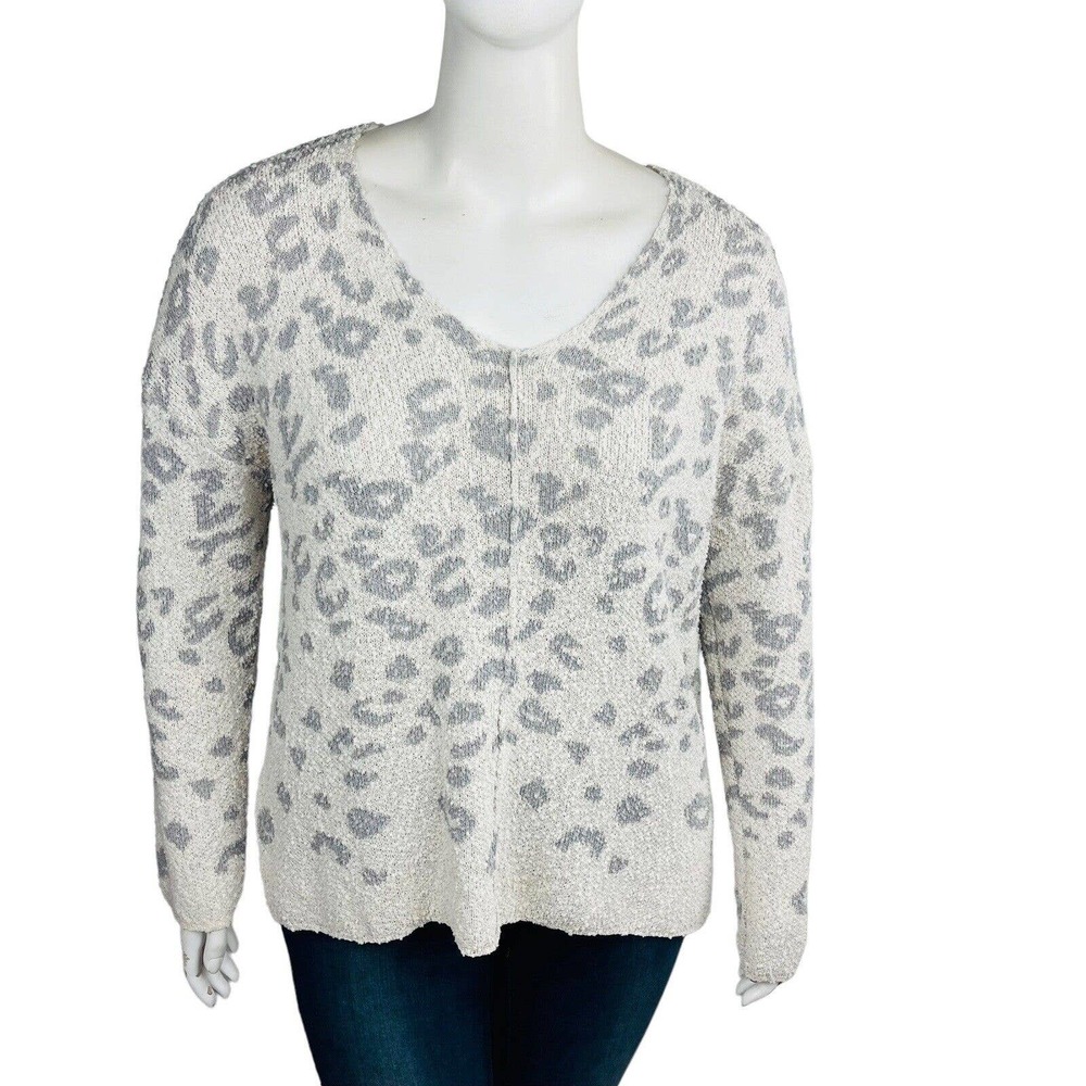 New Knox Rose Womans Sz XL Knit V Neck Sweater Ivory Gray Animal Print NWT